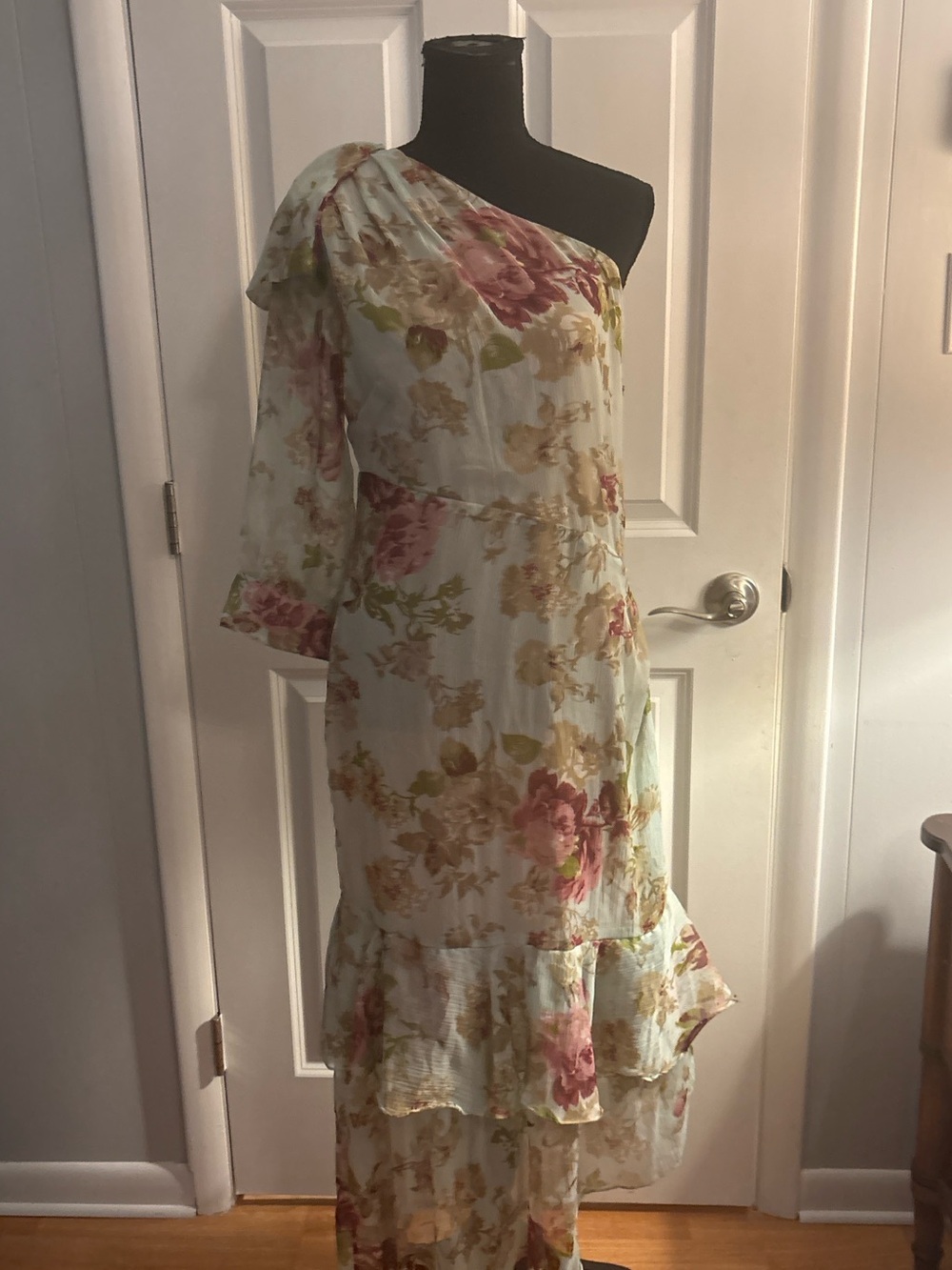 Walter Baker One-Shoulder Floral Midi Dress in Light Blue and Pink